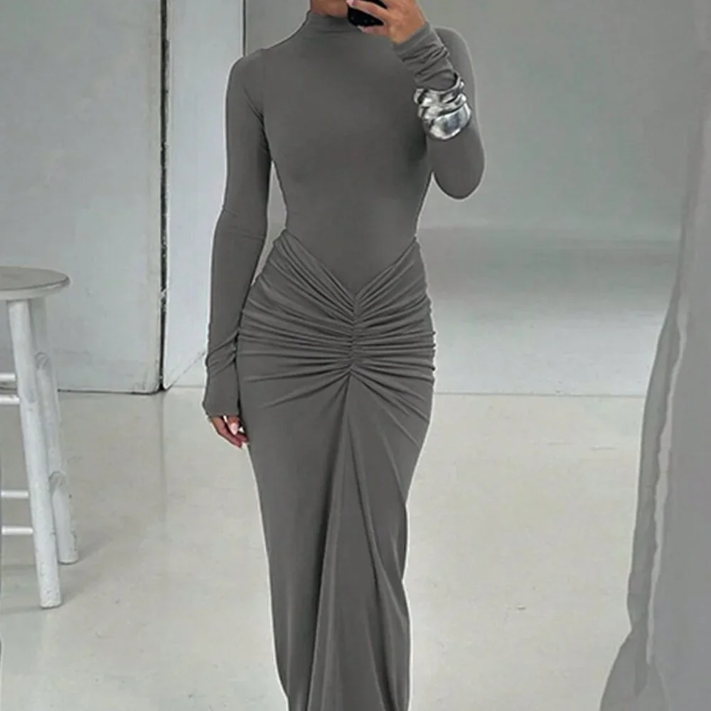 Grey Elegant Women's Ruffled Crew Neck Long Sleeve Fitted Dress - Picture 1 of 4